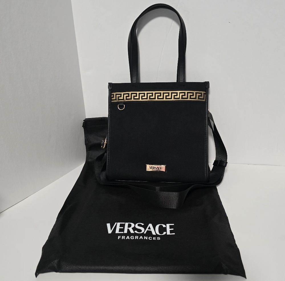 Versace Tote Bag Black Metallic Gold Handbag With Dust Bag - NEW - Picture 2 of 15